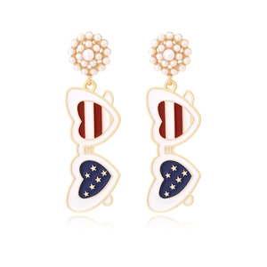 Heart Sunglasses Drop Earrings Alloy Enamel American Flag Patriotic Theme Imitation Artificial Pearl Fashion Jewelry For Women