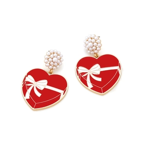Chic heart-shaped gift box earrings with white bow pattern and pearl accents