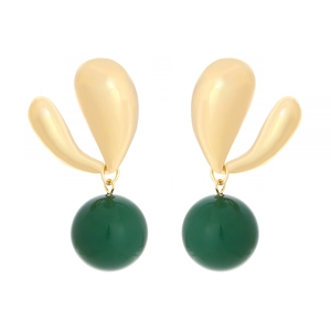 Minimalist gold metal earrings with deep green resin sphere pendants on white background