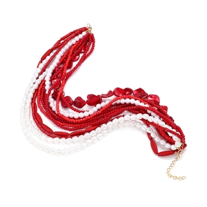 Multilayer Baroque faux pearl and red bead necklace with gold adjustable clasp closure