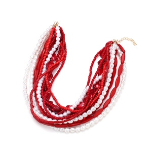 Luxurious multi-layer baroque pearl and red beaded necklace with golden adjustable clasp