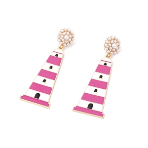 Golden lighthouse drop earrings with pink stripes and white pearl cluster studs
