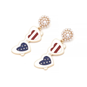 Patriotic heart sunglasses drop earrings with pearls and American flag motif
