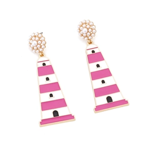 Enamel lighthouse drop earrings with pearl clusters and pink stripes on gold alloy