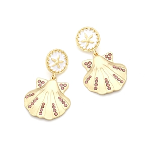 Boucles d'oreilles pendantes étoile de mer dorée et coquillage rose en strass