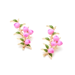 Pastel peach branch earrings with pink enamel fruit and green leaves on gold stems