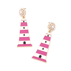 Colorful lighthouse earrings with faux pearls and hot pink enamel on gold alloy dangles