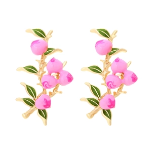 Peach Branch Stud Earrings Zinc Alloy Enamel Fruit Pink Peach Green Leaf Fashion Cute Pastoral Jewelry Women