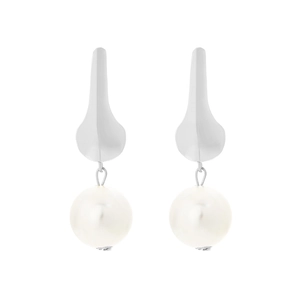 Silver teardrop metal earrings with white round pearl pendants on a white background