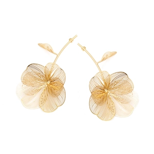 Detailed macro view of gold hollow-out floral wire earrings with leaf branch texture