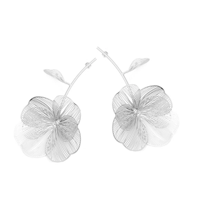 Silver woven metal mesh flower earrings with leaf drop in minimalist artistic design