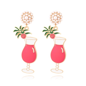 Cocktail Glass Dangle Earrings Alloy Enamel Faux Artificial Pearl Tropical Summer Fruit Strawberry Palm Leaf Fashion Jewelry