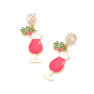 Tropical cocktail drop earrings with white pearls and red fruit leaf design