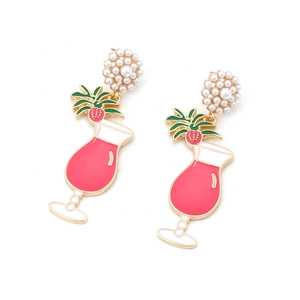 Tropical cocktail glass drop earrings with pink enamel, faux pearls and gold alloy finish