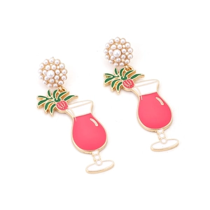 Cocktail glass earrings with faux pearls and tropical fruit charms on white background