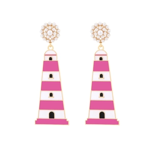 Colorful lighthouse earrings with faux pearls and pink enamel stripes on a white background