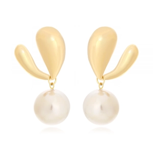 Minimalist white pearl drop earrings with elegant gold curved metal for women