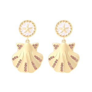 Boucles d'oreilles pendantes étoile de mer et coquillage dorées avec strass roses