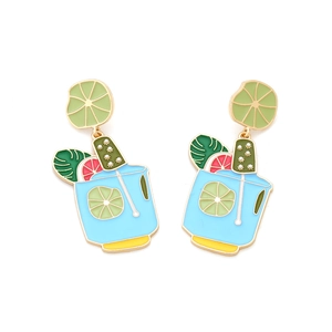 Summer cocktail glass drop earrings with enamel fruit and blue juice design