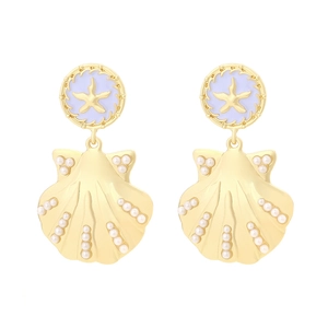 Boucles d'oreilles pendantes étoile de mer et coquillage dorés avec perles blanches