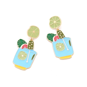 Tropical cocktail earrings with colorful enamel fruit slices and monstera leaf pendants