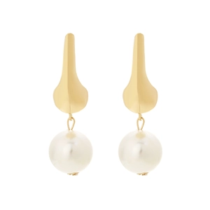 Elegant gold drop earrings featuring a polished metal plate and large round white pearl
