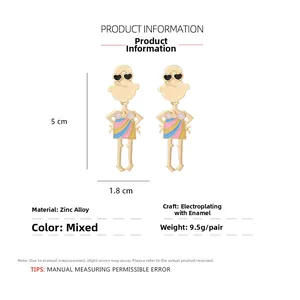 Detail view of cartoon girl earrings showing 5cm height and colorful enamel finish
