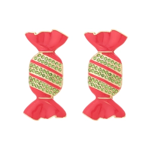 Sweet candy-shaped stud earrings in red enamel with green crystals and gold base