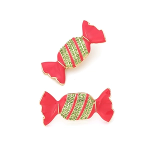 Candy-shaped earrings with pink enamel and green rhinestones in a gold setting