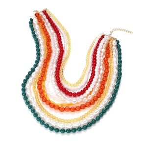 Multilayer baroque pearl necklace with colorful beads and gold adjustable clasp