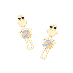 Cartoon girl pendant earrings with colorful enamel stripes and heart sunglasses