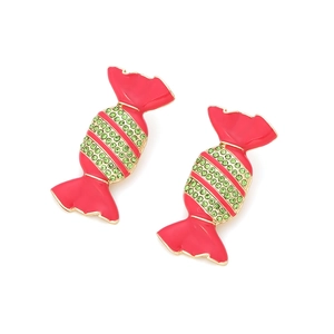 Candy shaped stud earrings with red enamel and green crystals on a gold base