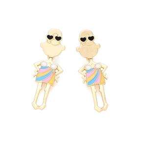 Cartoon girl drop earrings with heart sunglasses and colorful enamel striped dress