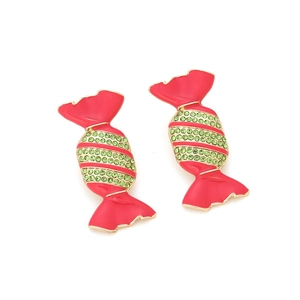 Sweet candy-shaped stud earrings in red enamel with green rhinestones on white background