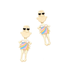 Detail of alloy cartoon girl earrings with heart sunglasses and rainbow enamel dress