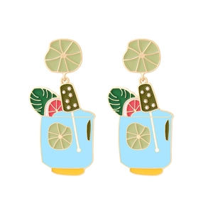 Summer cocktail glass drop earrings with enamel lime and fruit charms in gold finish