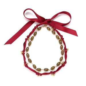 Double Layer Necklace With Olive Green Resin Beads And Red Satin Ribbon Bowknot Gold Bells Handmade Vintage Accessory