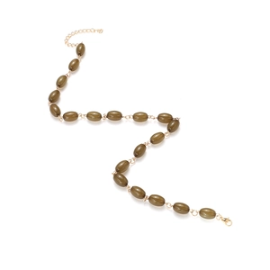 Olive green resin beaded necklace with gold metal clasp on white background