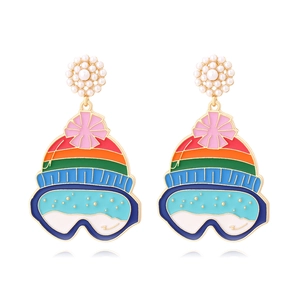 Ski Hat Dangle Earrings With Enamel Goggles Rainbow Stripes Faux Artificial Pearl Stainless Steel Earring Post For Women Novelty