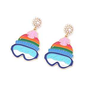 Colorful enamel skiing hat earrings with faux pearls and golden alloy goggles pendant