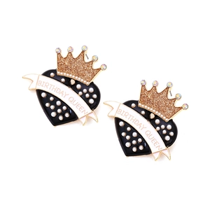 Birthday Queen heart earrings with black enamel, gold crown, and pearl accents