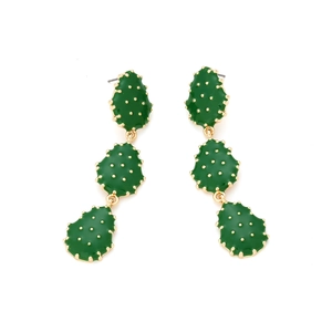 Chic gold-tone cactus drop earrings featuring dark green enamel and textured dots