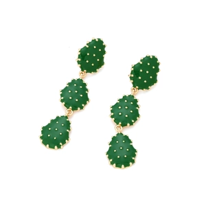 Three-tier green enamel cactus drop earrings with gold-tone alloy metal detailing