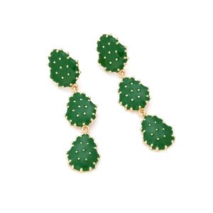 Green and gold cactus dangle earrings in three-segment enamel drop design for women