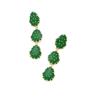 Detail of green enamel cactus drop earrings with tiered gold-plated metal segments