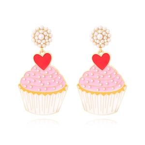 Cupcake Drop Earrings Alloy Enamel Sweet Cute Heart Decor Imitation Artificial Pearl Jewelry For Women