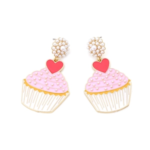 Sweet pink cupcake dangle earrings with pearls and red heart in gold finish
