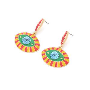 Detailed view of colorful evil eye drop earrings with enamel gradient and crystal accents