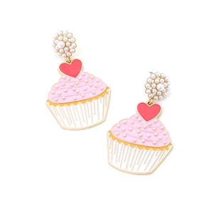 Sweet pink cupcake dangle earrings with pearls and heart design in enamel finish