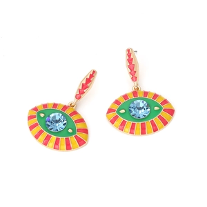 Bohemian gold evil eye drop earrings with colorful enamel and sparkling crystals